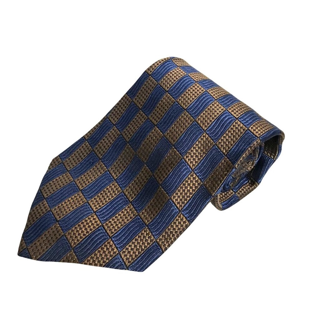 Geoffrey Beene Tie Mens 100% Silk Necktie Blue & Brown Checkered USA
